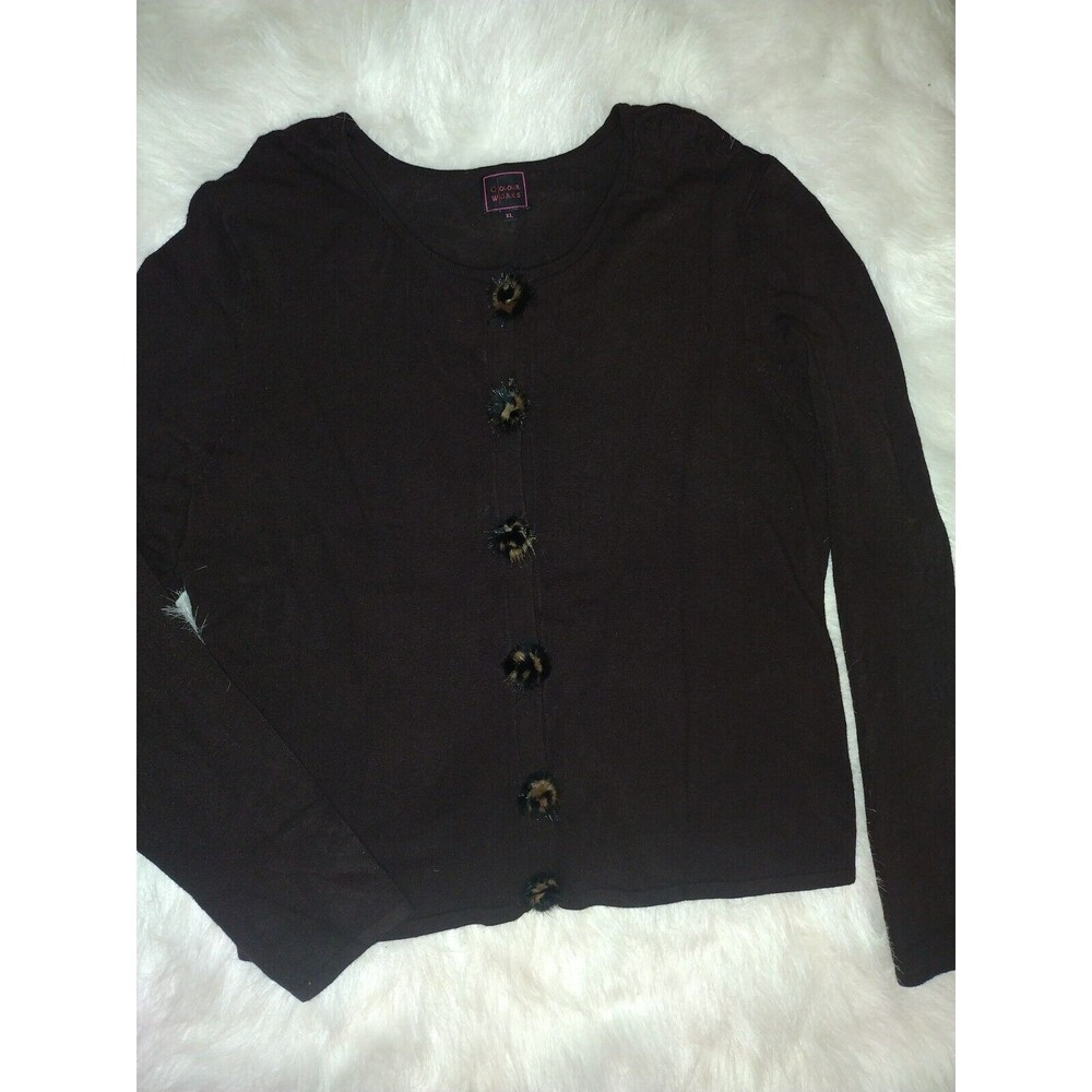 Color Works Open Front Cardigan Brown With Fur Covered Snap Closure Fall Sz XL